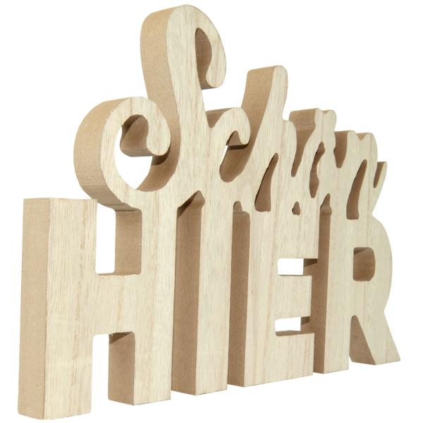 Schriftzug Schön HIER aus Holz - Aufsteller Dekoration für gemütliche Atmosphäre & Wohlfühlmomente - Braun/Weiss Patina - 29x18,5x1,8cm