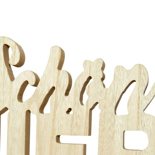 Schriftzug Schön HIER aus Holz - Aufsteller Dekoration für gemütliche Atmosphäre & Wohlfühlmomente - Braun/Weiss Patina - 29x18,5x1,8cm