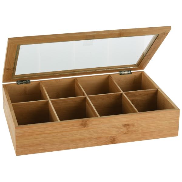 Teebeutelbox aus Bambus - 8 Fächer & transparenter Deckel für Tee-Ordnung - Natur Design - 32x20x6.5cm - Geschenkidee