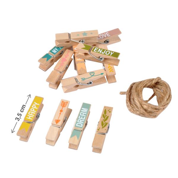 Mini-Klammern aus Holz bunt mit Aufschrift - Zum Befestigen von Fotos & Notizen - 12er-Set Wäscheklammern Deko