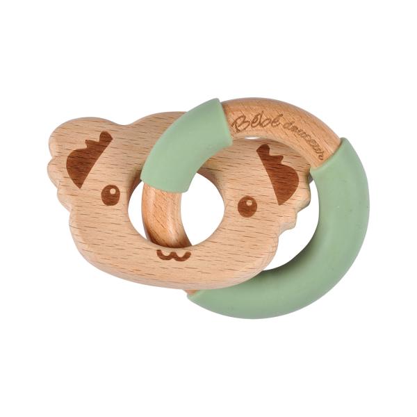 Babyspielzeug Bär aus Holz und Silikon - Greifring für Kleinkinder - Feinmotorik Förderung & Zahnhilfe - Holzart Buche - Braun/Grün - Praktisch für unterwegs