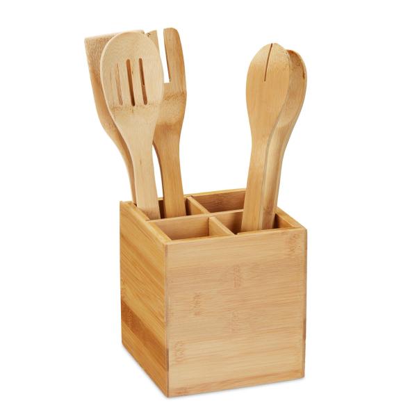 Besteckständer aus Bambus - Küchenutensilienhalter & Stiftebox - Nachhaltig - Trennwände herausnehmbar - 14,5x13,5x13,5 cm