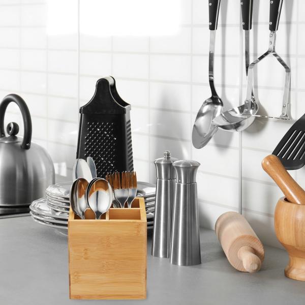 Besteckständer aus Bambus - Küchenutensilienhalter & Stiftebox - Nachhaltig - Trennwände herausnehmbar - 14,5x13,5x13,5 cm