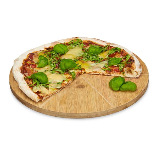 Pizzateller aus Bambus - Rundes Pizzabrett mit Schneiderillen & Griff - Lebensmittelecht - Schnittfest - Ø 33cm - Umweltfreundlich & Unikat