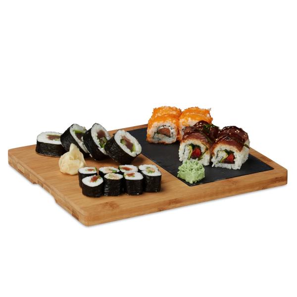 Schneidebrett Bambus mit Griff & Schiefereinsatz - Servierplatte für Sushi, Tapas, Käse, Desserts - Robust, hygienisch, 30.6x25x2cm