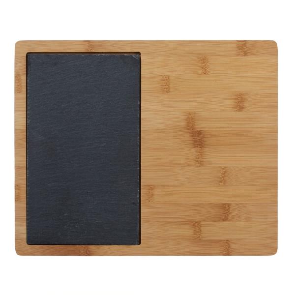 Schneidebrett Bambus mit Griff & Schiefereinsatz - Servierplatte für Sushi, Tapas, Käse, Desserts - Robust, hygienisch, 30.6x25x2cm