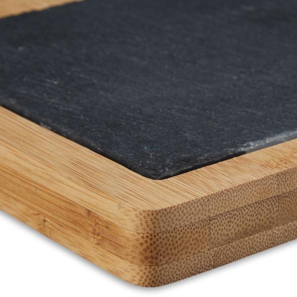 Schneidebrett Bambus mit Griff & Schiefereinsatz - Servierplatte für Sushi, Tapas, Käse, Desserts - Robust, hygienisch, 30.6x25x2cm