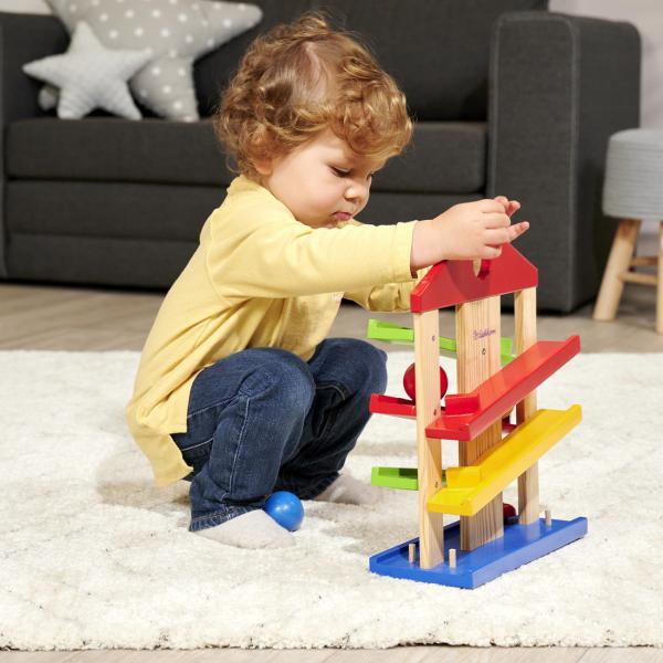 Kugelbahn aus Lindenholz 4-teilig - Lernspielzeug ab 1 Jahr mit 3 bunten Kugeln & Glocke - 25x12x34cm - Fördert Motorik - Vegan
