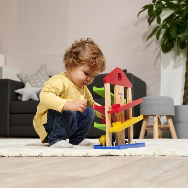 Kugelbahn aus Lindenholz 4-teilig - Lernspielzeug ab 1 Jahr mit 3 bunten Kugeln & Glocke - 25x12x34cm - Fördert Motorik - Vegan