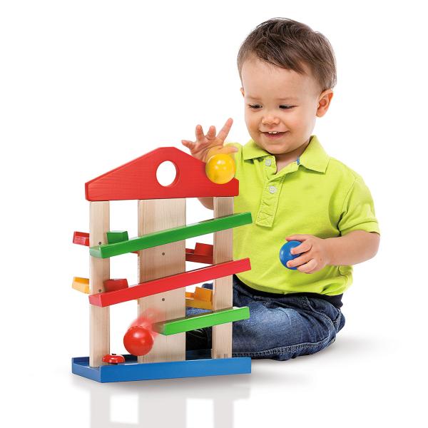 Kugelbahn aus Lindenholz 4-teilig - Lernspielzeug ab 1 Jahr mit 3 bunten Kugeln & Glocke - 25x12x34cm - Fördert Motorik - Vegan
