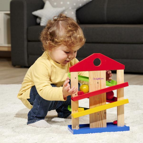 Kugelbahn aus Lindenholz 4-teilig - Lernspielzeug ab 1 Jahr mit 3 bunten Kugeln & Glocke - 25x12x34cm - Fördert Motorik - Vegan