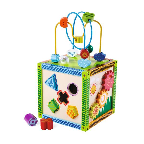 Spielecenter aus Birkenholz - Motorikschleife & 4 Spiele - Lernspielzeug für Kinder ab 12 Monaten - Fördert Motorik & Hand-Auge-Koordination - 20x20x37cm