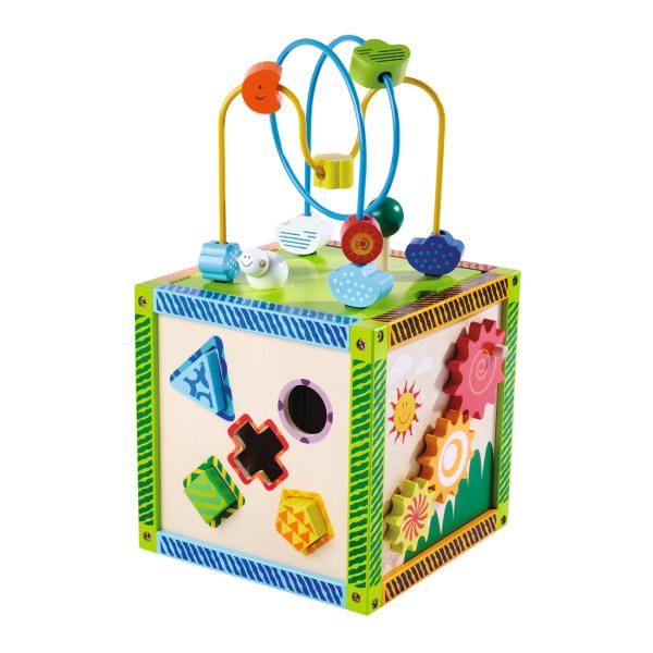 Spielecenter aus Birkenholz - Motorikschleife & 4 Spiele - Lernspielzeug für Kinder ab 12 Monaten - Fördert Motorik & Hand-Auge-Koordination - 20x20x37cm