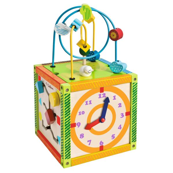 Spielecenter aus Birkenholz - Motorikschleife & 4 Spiele - Lernspielzeug für Kinder ab 12 Monaten - Fördert Motorik & Hand-Auge-Koordination - 20x20x37cm