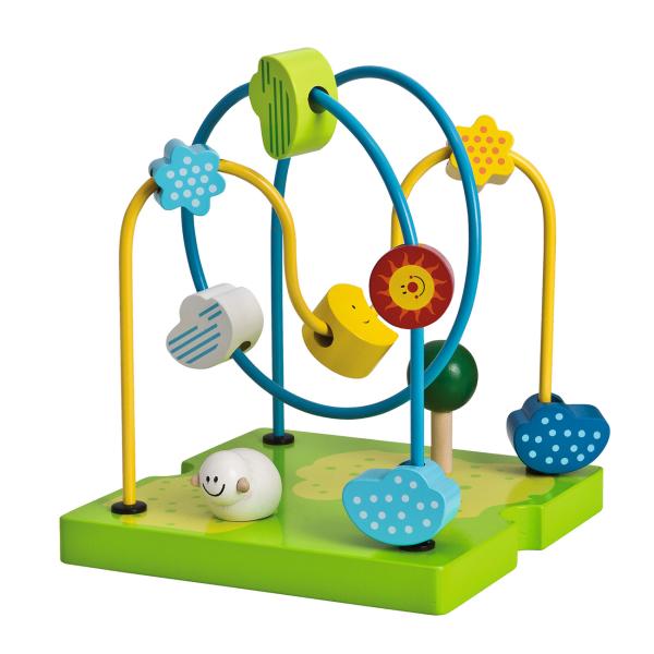 Spielecenter aus Birkenholz - Motorikschleife & 4 Spiele - Lernspielzeug für Kinder ab 12 Monaten - Fördert Motorik & Hand-Auge-Koordination - 20x20x37cm