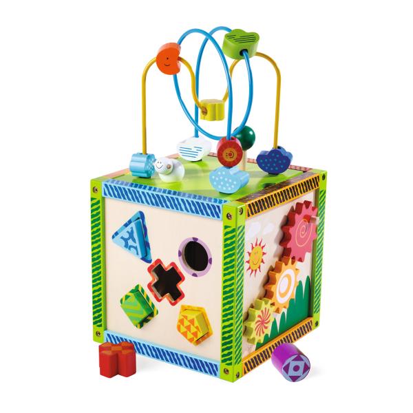 Spielecenter aus Birkenholz - Motorikschleife & 4 Spiele - Lernspielzeug für Kinder ab 12 Monaten - Fördert Motorik & Hand-Auge-Koordination - 20x20x37cm