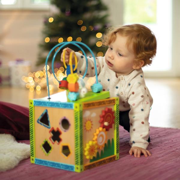 Spielecenter aus Birkenholz - Motorikschleife & 4 Spiele - Lernspielzeug für Kinder ab 12 Monaten - Fördert Motorik & Hand-Auge-Koordination - 20x20x37cm