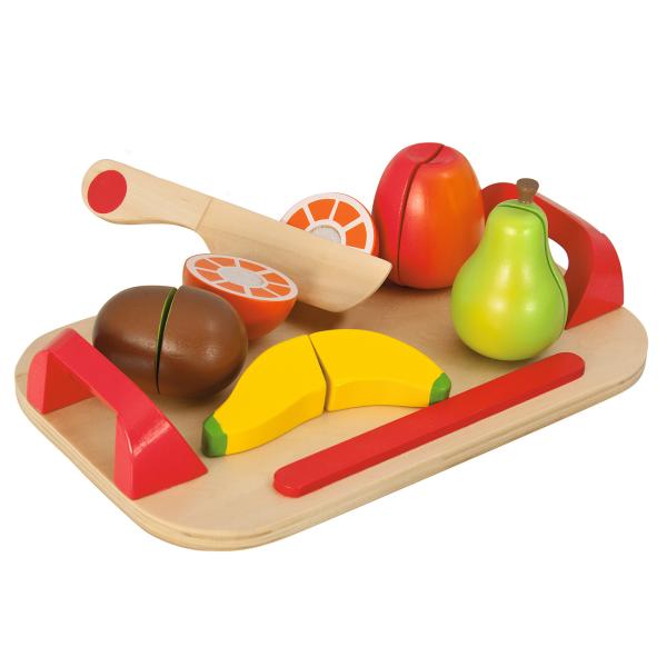 Kinderschneidebrett Holz 12-teilig - Lernspielzeug mit Holzmesser & 5 teilbaren Früchten - Eichen-/Birkenholz - Pädagogisch wertvoll ab 24M+