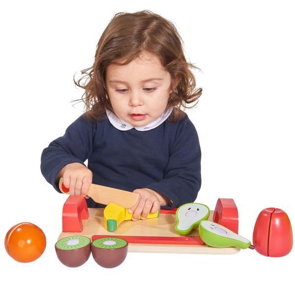 Kinderschneidebrett Holz 12-teilig - Lernspielzeug mit Holzmesser & 5 teilbaren Früchten - Eichen-/Birkenholz - Pädagogisch wertvoll ab 24M+
