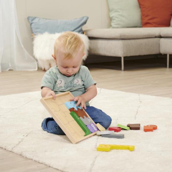 Tierpuzzle aus Holz - Lernspielzeug Tierset Steckspiel für Kinder - FSC® 100% Kiefernholz - 14 Tierfiguren in Holzbox mit Umrissen - Fördert Motorik & Fantasie