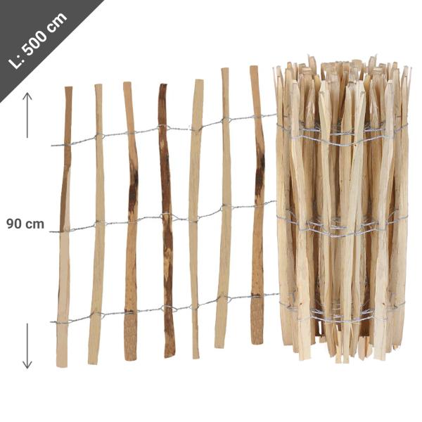 Haselnuss-Staketenzaun - robuster Gartenzaun 90x500cm - naturbelassenes Holz mit Draht - witterungsbeständig & stabil - Beetumrandung - einfacher Aufbau
