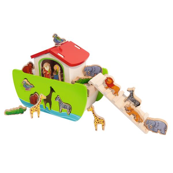 Steckspiel Arche Noah - Motorikspielzeug Holzschiff - Für Kleinkinder ab 1 Jahr - Fördert Hand-Auge-Koordination - 21-teilig - 16 Steckfiguren - 14x26x19cm
