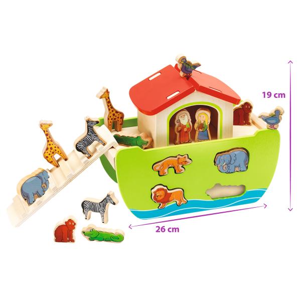 Steckspiel Arche Noah - Motorikspielzeug Holzschiff - Für Kleinkinder ab 1 Jahr - Fördert Hand-Auge-Koordination - 21-teilig - 16 Steckfiguren - 14x26x19cm