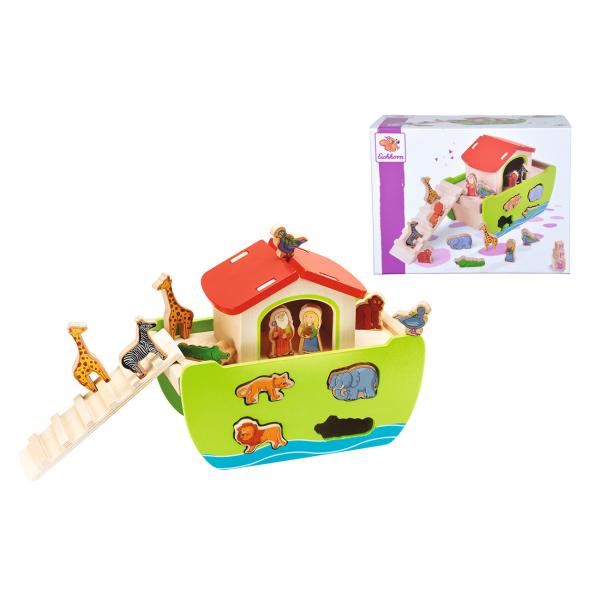 Steckspiel Arche Noah - Motorikspielzeug Holzschiff - Für Kleinkinder ab 1 Jahr - Fördert Hand-Auge-Koordination - 21-teilig - 16 Steckfiguren - 14x26x19cm