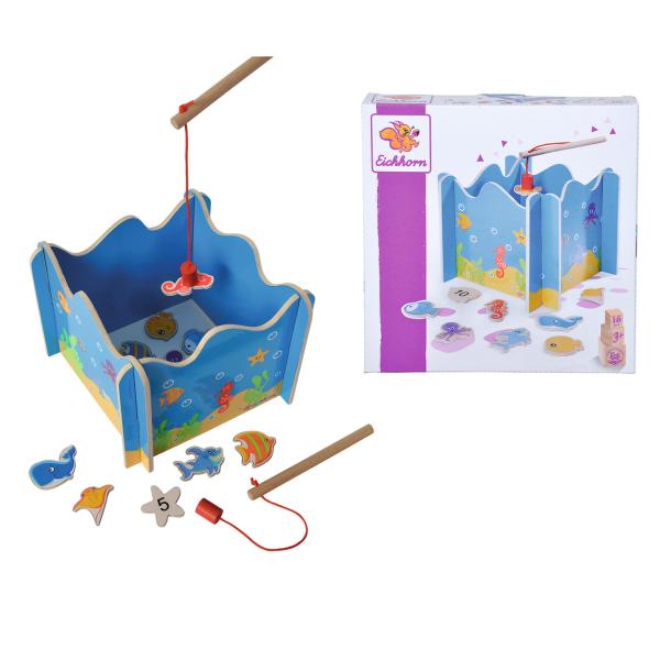 Angelspiel Holz 16-teilig - Lernspielzeug Motorik & Konzentration fördern - mit 2 Angeln, Magnetfunktion, 19x19x15cm, ab 3 Jahre