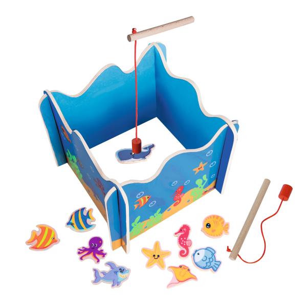 Angelspiel Holz 16-teilig - Lernspielzeug Motorik & Konzentration fördern - mit 2 Angeln, Magnetfunktion, 19x19x15cm, ab 3 Jahre