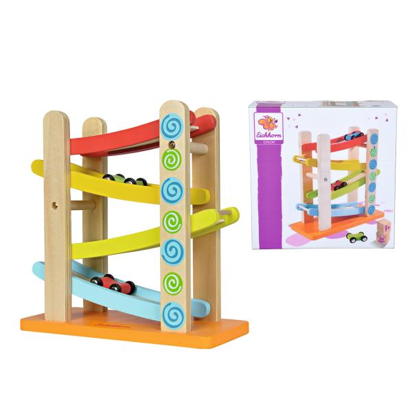 Kugelbahn Holz 4-teilig - Lernspielzeug mit 3 Autos - Fördert Motorik - Birkenholz - Wasserbasierte Farben - 25x24x10cm - Für Kinder ab 12 Monaten