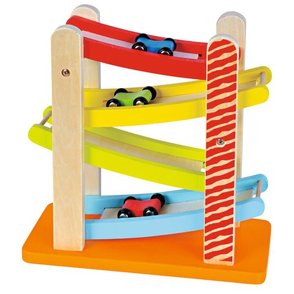 Kugelbahn Holz 4-teilig - Lernspielzeug mit 3 Autos - Fördert Motorik - Birkenholz - Wasserbasierte Farben - 25x24x10cm - Für Kinder ab 12 Monaten