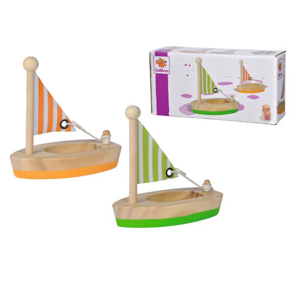 Badeboote 2er-Set - Wasserspielzeug aus Kiefern- & Birkenholz - Mit Segel & Seil - Für Badewanne, Planschbecken & Schwimmbad - L: 22,6 cm