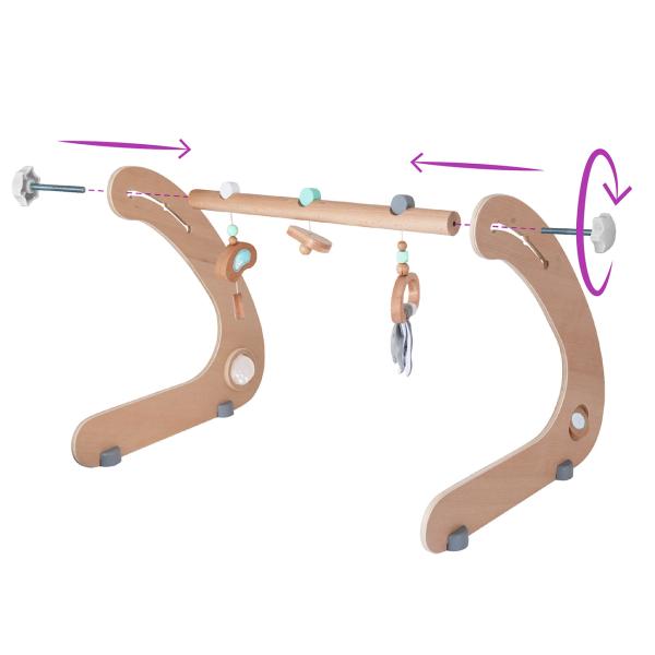 Baby Spielbogen Holz - Sensorik-Spielzeug mit Perlen, Spiegel, Glöckchen - Höhenverstellbar - FSC-Buche - 8x57x53cm - ab 3 Monate