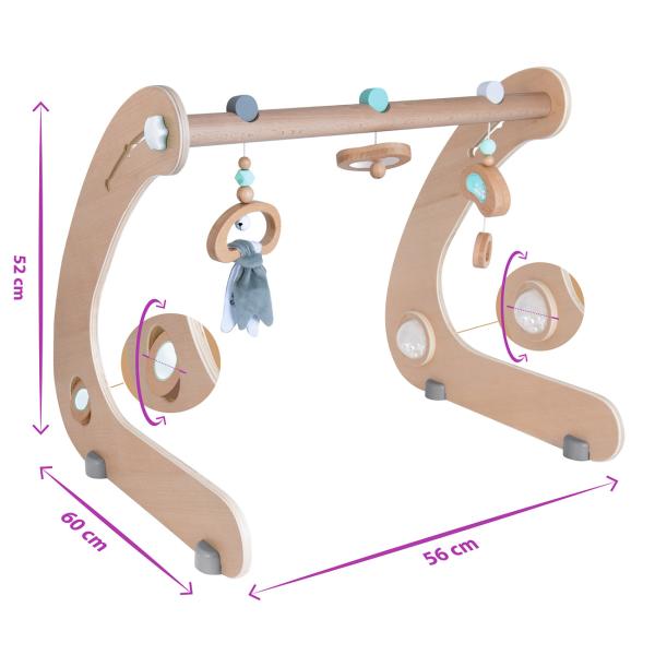 Baby Spielbogen Holz - Sensorik-Spielzeug mit Perlen, Spiegel, Glöckchen - Höhenverstellbar - FSC-Buche - 8x57x53cm - ab 3 Monate