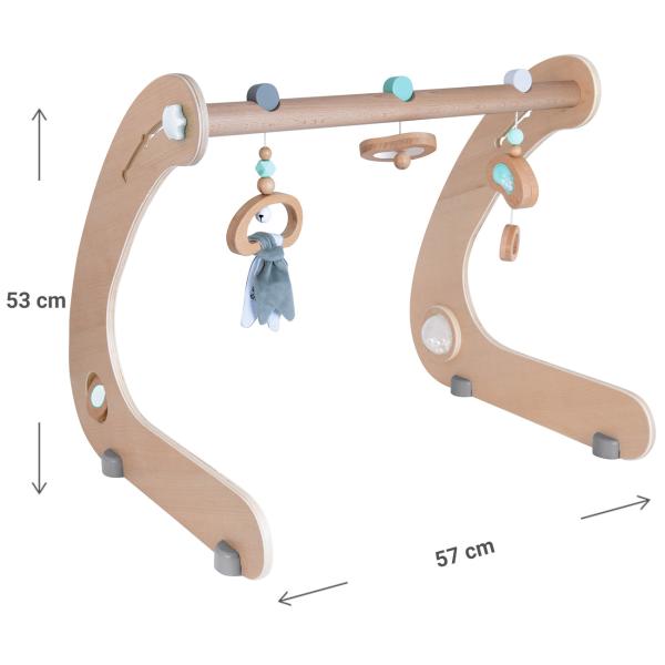 Baby Spielbogen Holz - Sensorik-Spielzeug mit Perlen, Spiegel, Glöckchen - Höhenverstellbar - FSC-Buche - 8x57x53cm - ab 3 Monate