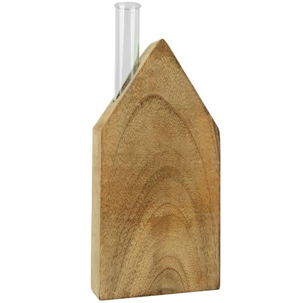 Aufsteller Haus aus Mangoholz mit Glasröhrchen - Elegante Blumenvase für einzelne Akzentblumen - Minimalistisches Design, Indoor Deko, 9x18x3 cm