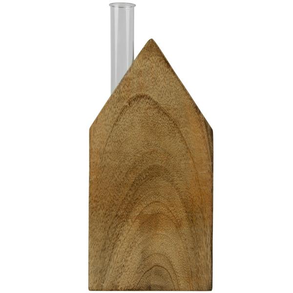 Aufsteller Haus aus Mangoholz mit Glasröhrchen - Elegante Blumenvase für einzelne Akzentblumen - Minimalistisches Design, Indoor Deko, 9x18x3 cm