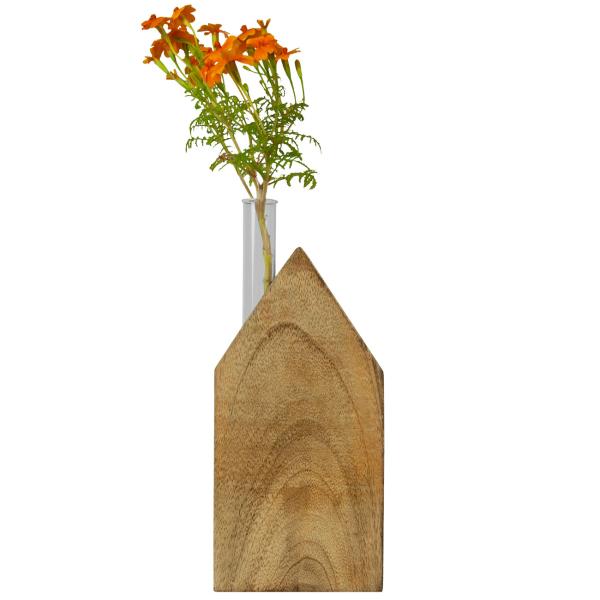 Aufsteller Haus aus Mangoholz mit Glasröhrchen - Elegante Blumenvase für einzelne Akzentblumen - Minimalistisches Design, Indoor Deko, 9x18x3 cm