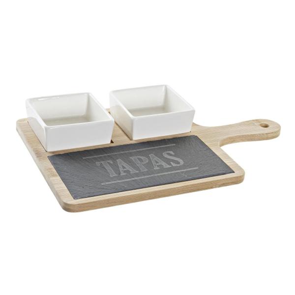Tapas Set mit 2 Keramikschalen auf Holzbrett - Schieferplatte mit Griff für stilvollen Apéro & Häppchen - Modern, robust & leicht zu reinigen