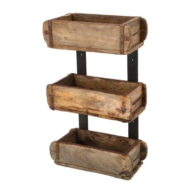 Wandregal Ziegelform aus Buchenholz & Metall - Industrial-Look Hängeregal mit 3 Ablageflächen für Deko - Upcycling Design, braun/schwarz, 50x31x15cm