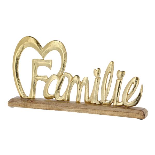Schriftzug Familie aus Mangoholz & Aluminium - 3D-Deko-Skulptur mit Herz zum Aufstellen & Dekorieren - Gold/Braun, 42x21x5cm - Perfekt als Geschenk