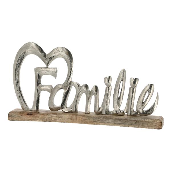 Familie Schriftzug Mangoholz - Aluminium Aufsteller 3D-Optik - Deko-Skulptur Wohnzimmer Küche Geschenk - Braun Silber 42x21x5cm