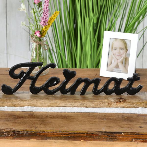 Schriftzug Heimat Deko-Skulptur aus Mangoholz & Aluminium - 3D-Optik, stabil aufstellbar, braun/schwarz - 2x8x6,5cm - Ideales Geschenk