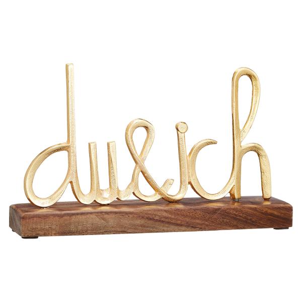 Schriftzug "du und ich" aus Mangoholz und Aluminium - Dekoration mit 3D-Optik - ideal für Wohnzimmer, Küche, Schlafzimmer, Flur - 25x15x5 cm - gold-braun