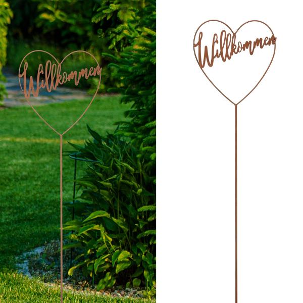 Gartenstecker Willkommen Herz aus Eisen - Gartendekoration Rostoptik rotbraun - Beetstecker für Kübel & Kästen, 90cm Höhe - Ganzjährig Outdoor