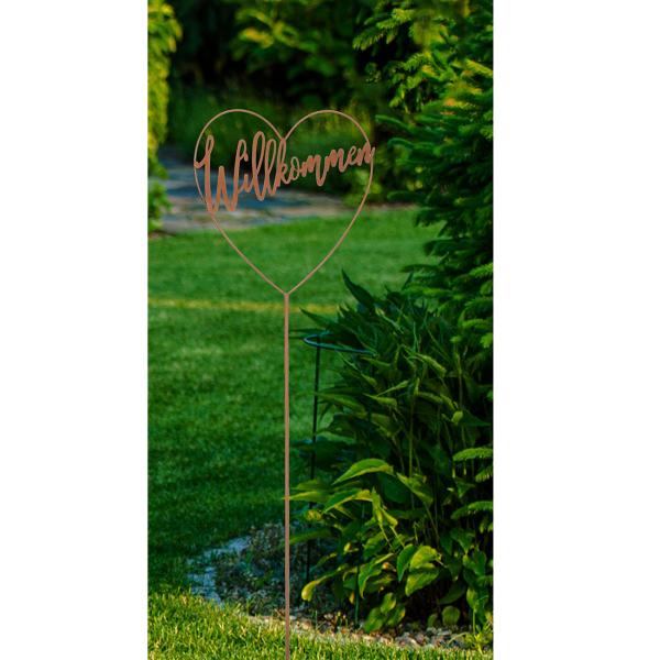Gartenstecker Willkommen Herz aus Eisen - Gartendekoration Rostoptik rotbraun - Beetstecker für Kübel & Kästen, 90cm Höhe - Ganzjährig Outdoor