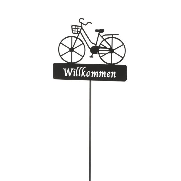 Gartenstecker Willkommen mit Velo - Modernes Fahrrad Design, 90cm hoch, aus schwarzem Eisen - Pflegeleichte Dekoration für Beet, Kübel & Balkon