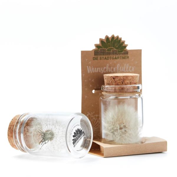 Wunscherfüller Glas - Pusteblume im Glas mit Korkverschluss - Handgefertigt - Ø4.5xH7.5cm - Ideal für Hochzeit Geburtstag Taufe Prüfung - 100% Natur