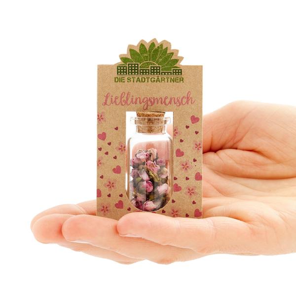 Geschenk Lieblingsmensch - Blüten im Glas mit Korkverschluss - Handgefertigt Deutschland - 100% natürliche & selbstgepflückte rosa Blüten